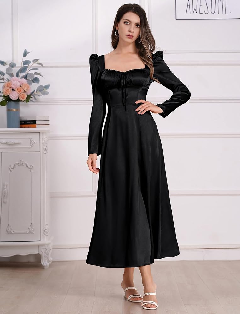 ABEHIK Women Long Corset Sundress Puff Long Sleeve Fall